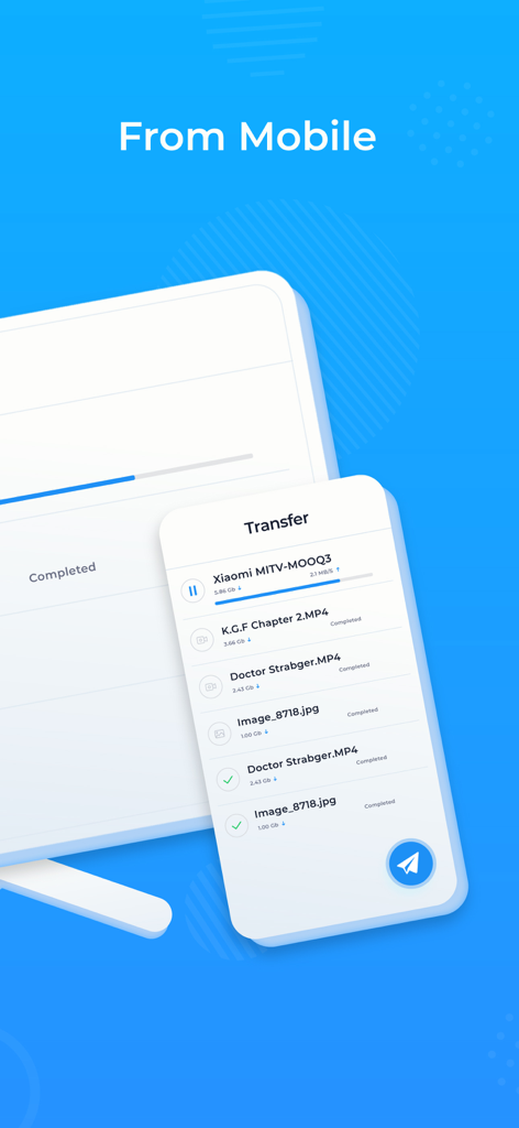 Send files to Android TV - Mobile app interface showing a list of video and photo files being transferred from an iPhone to an Android TV