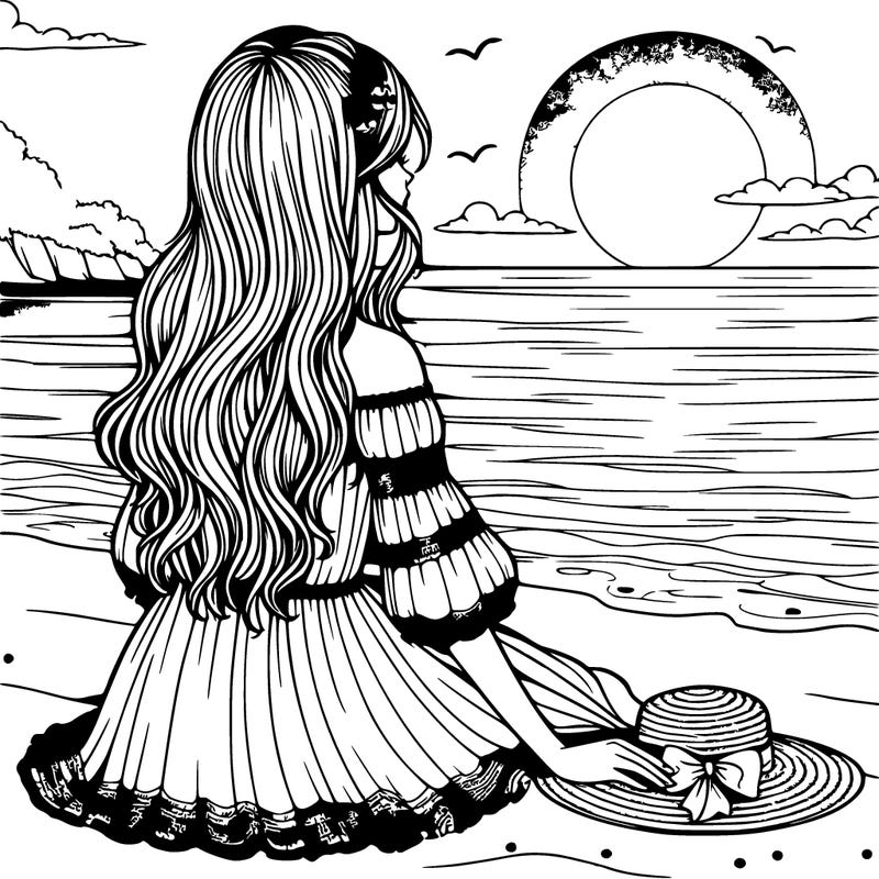 realistic girl in dress at a sunset on the beach