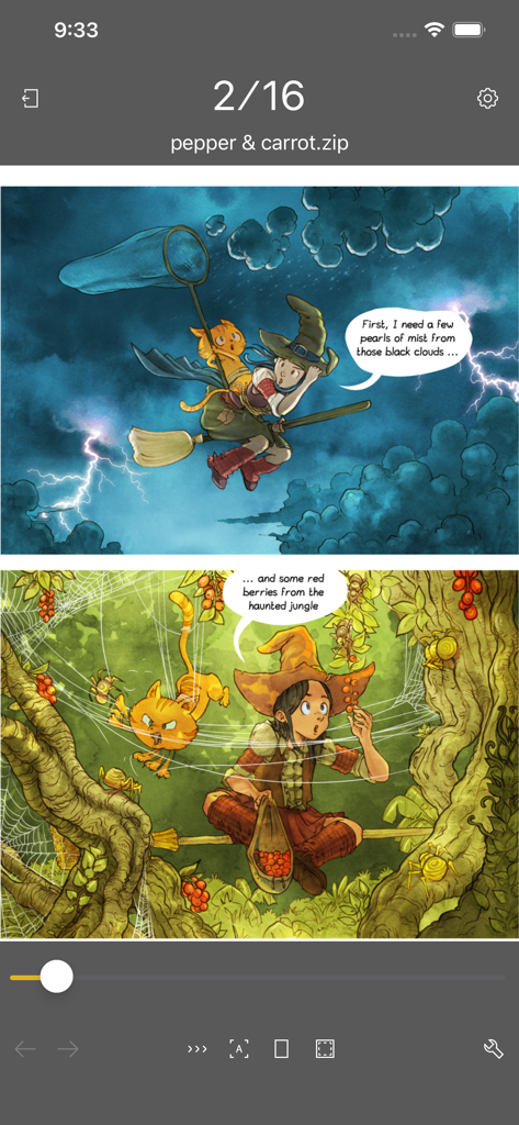 YACReader - Comic Reader - App YACReader per iOS che visualizza un fumetto digitale con controlli di navigazione
