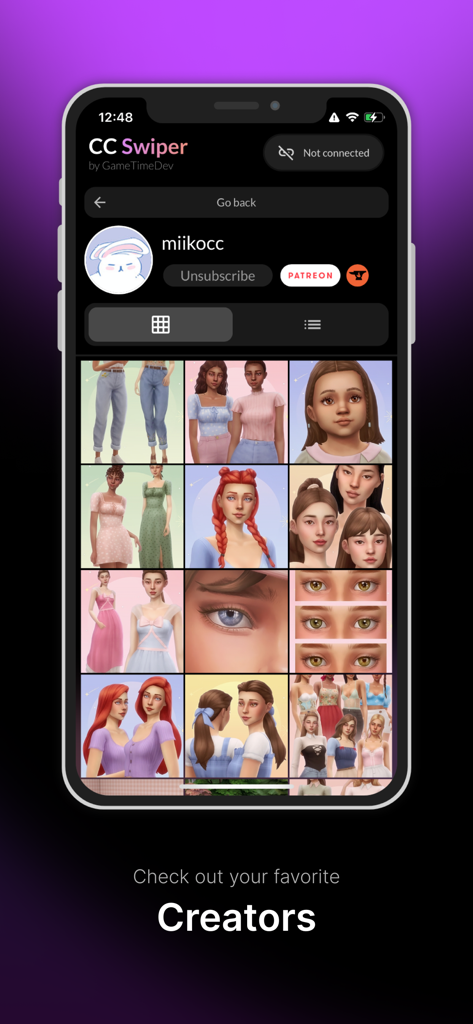 CC Swiper - Mobile app interface displaying a Sims custom content creator profile with a grid of items.