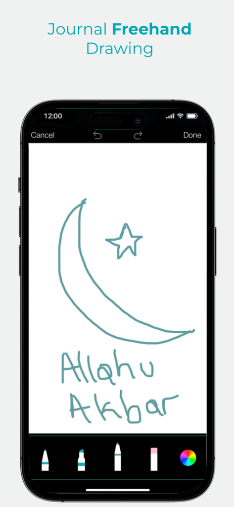 Qur'an And Me Journal - A screenshot of the Quran And Me Journal app showing the freehand drawing tool with a sketch of a crescent moon and the phrase Allahu Akbar