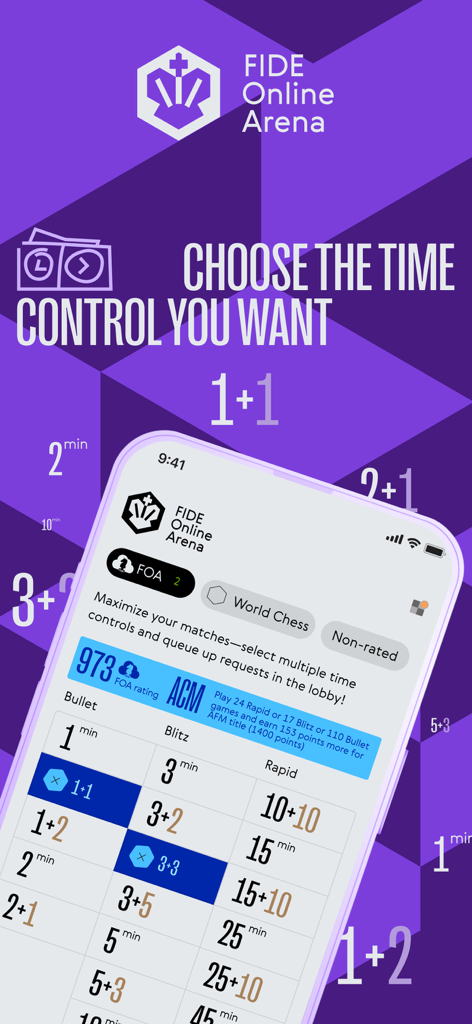 World Chess app interface showing selection screen for bullet blitz and rapid time controls