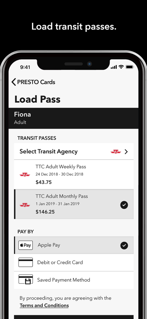 Interface of the PRESTO app showing how to load a TTC transit pass and choose Apple Pay as a payment method.