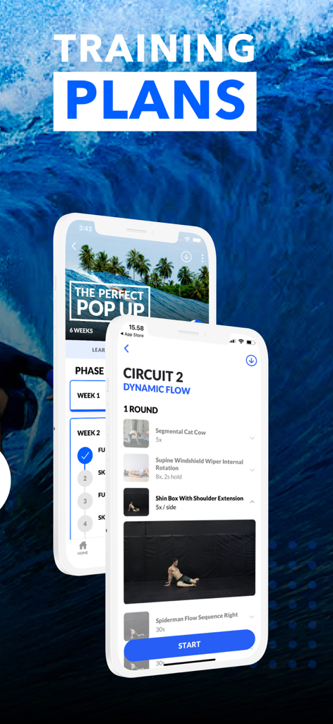 Surf Athlete: Surf Training - Surf Athlete app screens showing surf-specific training plans and mobility exercise circuits.