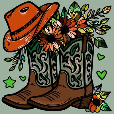 cowboy boots with cowboy hat and flowers