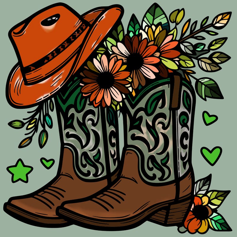 cowboy boots with cowboy hat and flowers