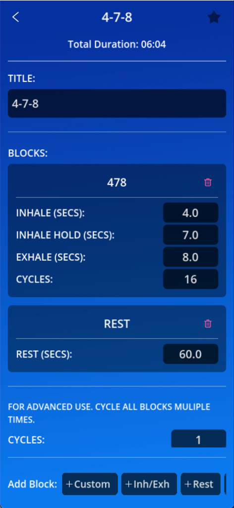 Breath Timer - Breath Timer app interface showing custom configuration for a 4-7-8 breathing session with inhale hold and exhale durations