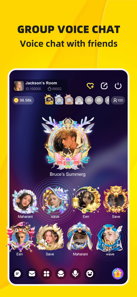 Ahlan TopOne-Group Voice Chat - Interfaz de la aplicación Ahlan TopOne mostrando una sala de chat de voz grupal con múltiples perfiles de usuario en marcos decorativos