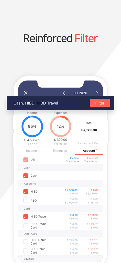 Money Manager app screen showing the reinforced filter feature for tracking income and expenses across specific bank accounts and cards.