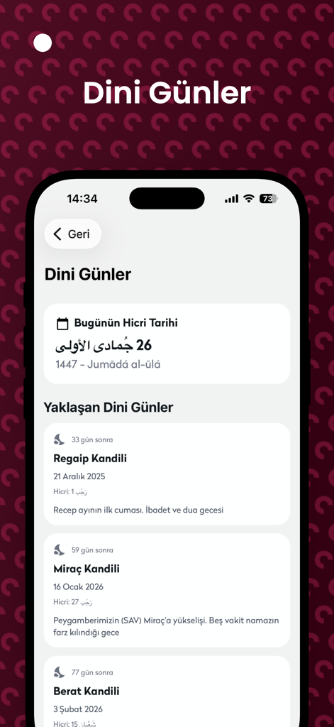 Ein mobiler App-Bildschirm, der das Hijri-Datum und bevorstehende islamische religiöse Feiertage wie Regaip und Mirac Kandili anzeigt.