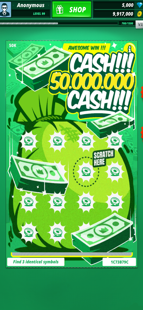 Lottery Scratch Off & Games - Gameplay screen of a virtual scratch-off lottery ticket featuring an awesome win of 50 million cash