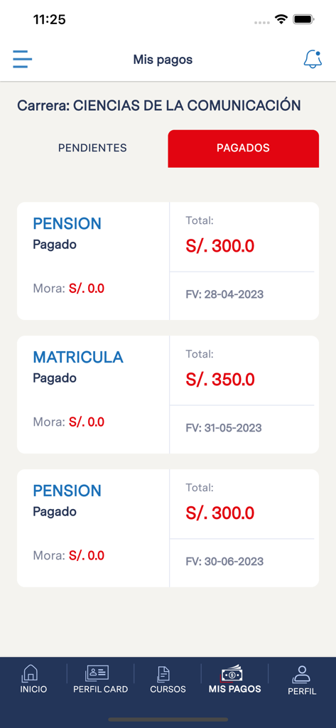 Trilce UCV - Pantalla de la aplicación móvil Trilce UCV que muestra el historial de pagos de matrícula y cuotas de inscripción universitaria.