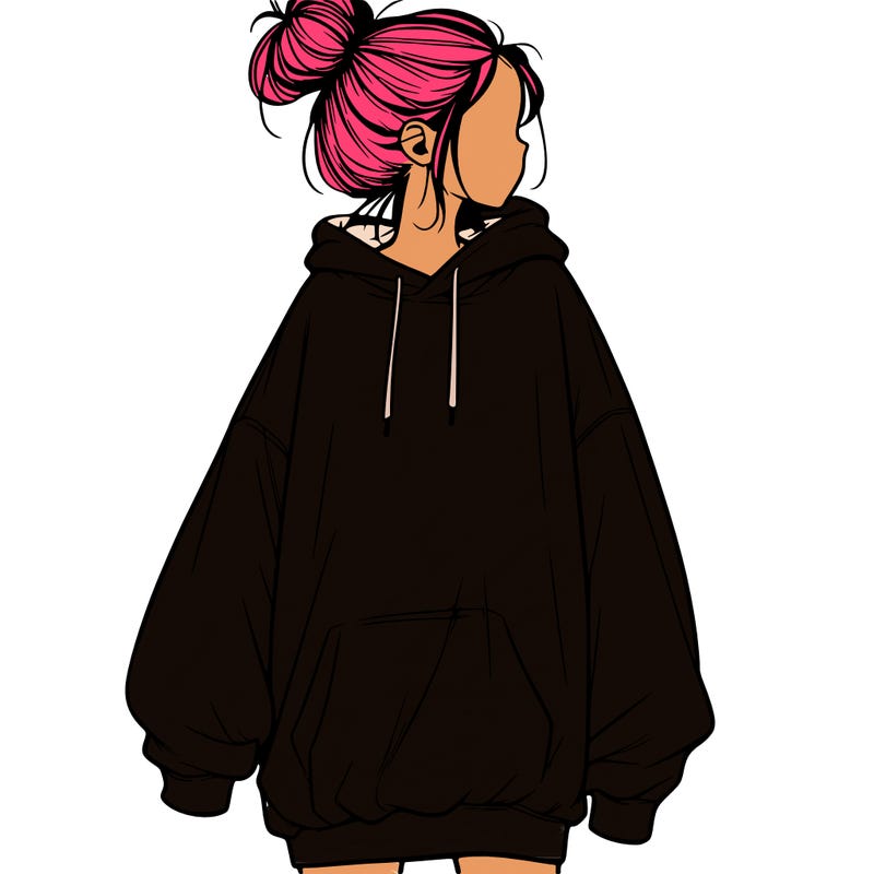 realistic girl with a oversized sweatshirt on and a bun