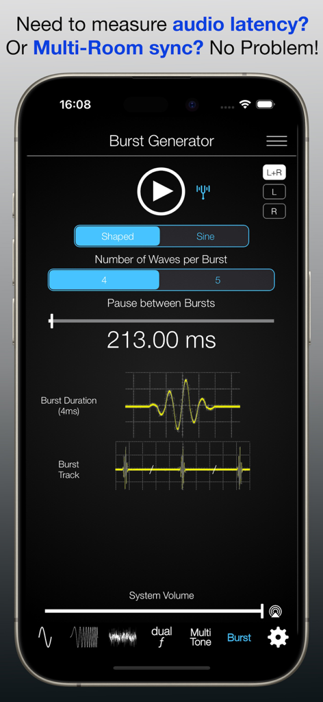 A screenshot of the Burst Generator feature in the Audio Function Generator app used for measuring audio latency and multi-room synchronization.