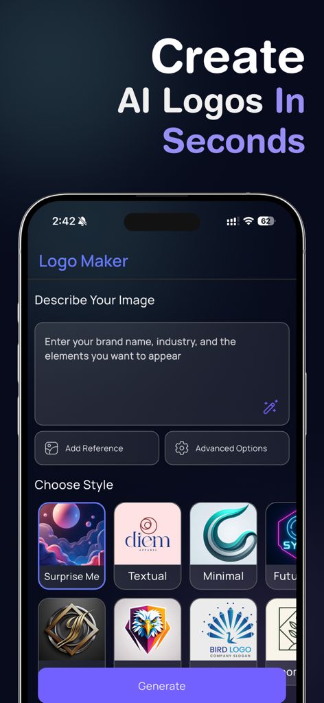 AI Logo Maker App - LookAI - Interface of LookAI app for creating professional AI logos with style selection and text prompts