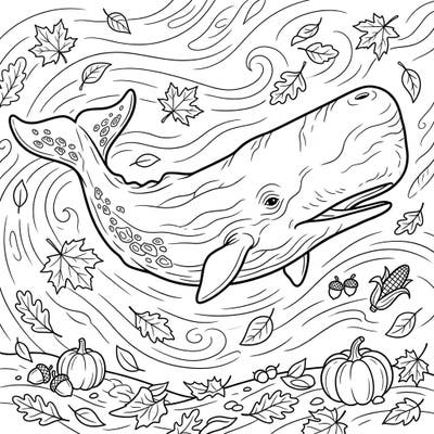 Embark on an enchanting autumn adventure with this delightful sperm whale coloring page designed specifically for kids. Watch the majestic whale swim amidst a playful cascade of falling leaves and charming harvest treasures.