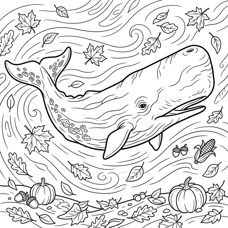 Embark on an enchanting autumn adventure with this delightful sperm whale coloring page designed specifically for kids. Watch the majestic whale swim amidst a playful cascade of falling leaves and charming harvest treasures.