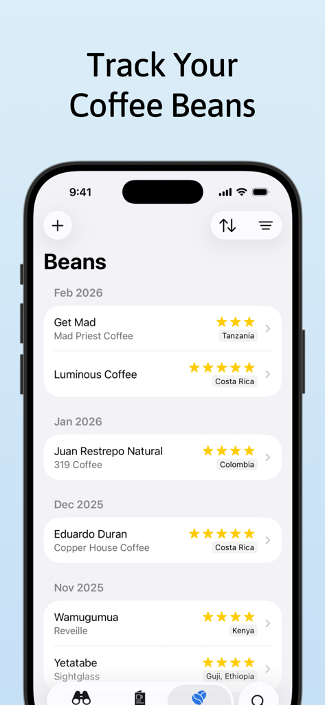 Aeromatic - AeroPress brewing app screen showing a list of tracked specialty coffee beans with star ratings and origin details
