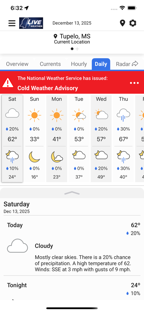 Mississippi LIVE Weather - Capture d'écran de l'application Météo LIVE Mississippi montrant une vigilance par temps froid et des prévisions quotidiennes pour Tupelo