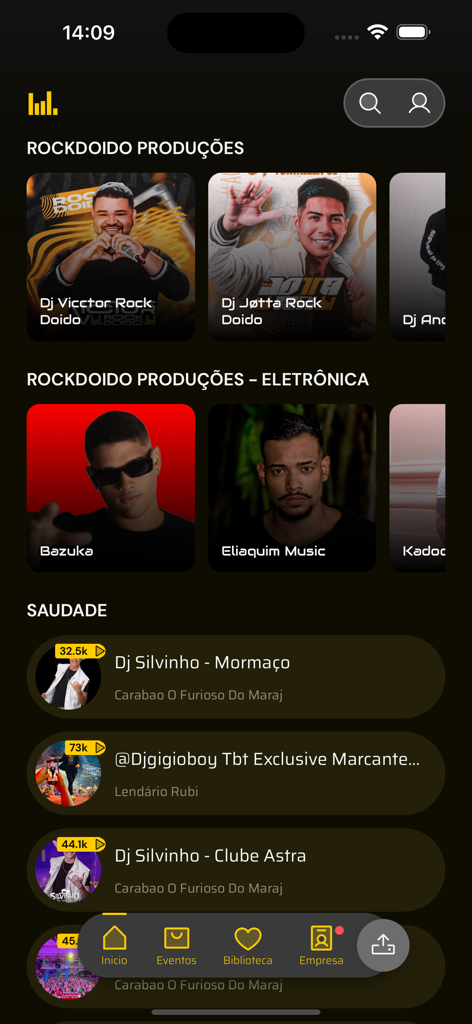 RockDoido music app interface featuring DJ profiles and regional Brazilian song lists