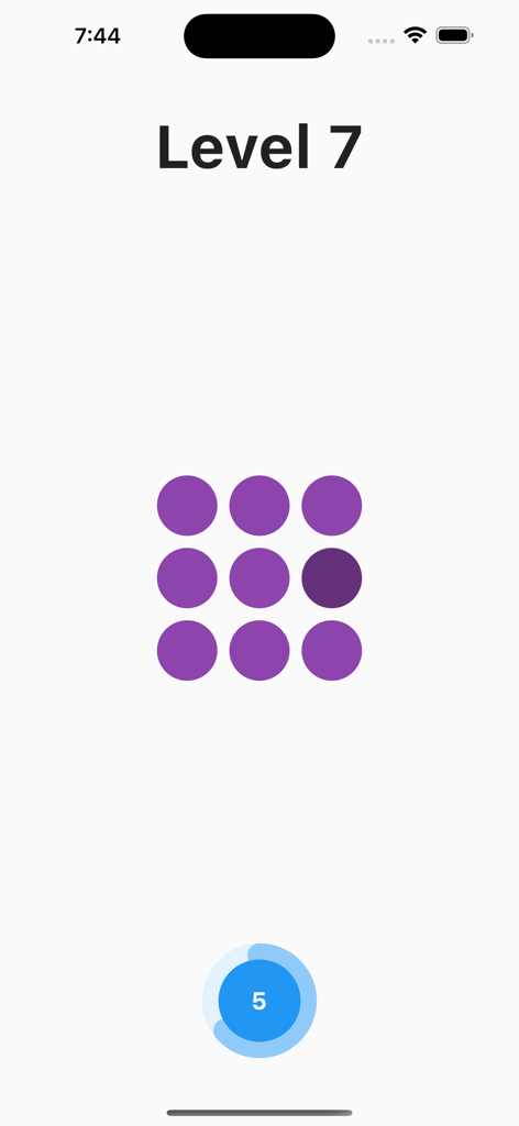 Color Guess - Vision Test - Color Guess視力検査のゲームプレイ画面。3x3のグリッドに紫色の円が表示され、1つの円だけ色が異なる。