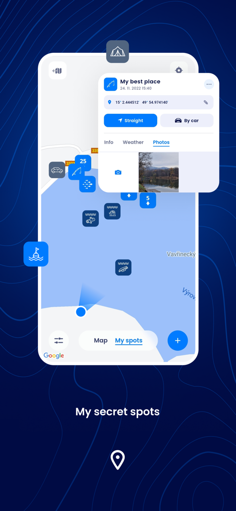 FISHSURFING - FISHSURFING app interface showing a map with saved personal fishing spots and location details