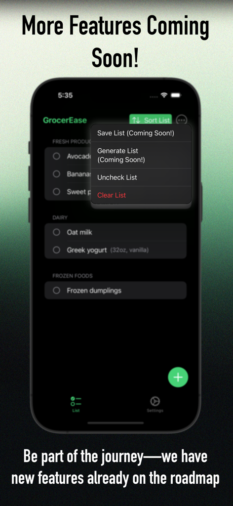 GrocerEase: Shopping Assistant - Captura de pantalla de la aplicación GrocerEase que muestra el menú y el plan de futuras funciones