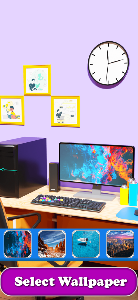 Keyboard Art Painting Master - A virtual desktop setup showing different wallpaper customization options for the computer monitor