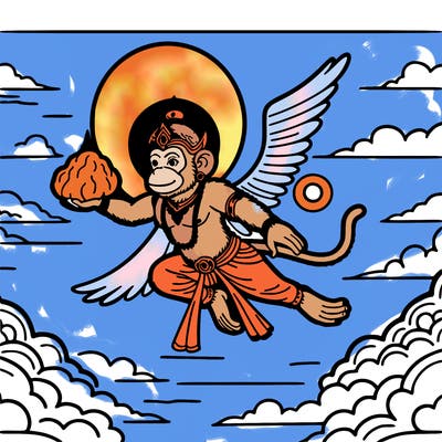 coloring sheet - hanuman flying across the sky, carrying a mountain in his hand.