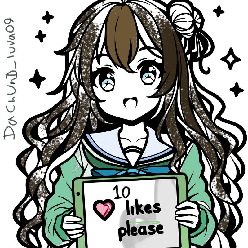 anime girl whith long curly hair holding a sign saying "10 likes please"