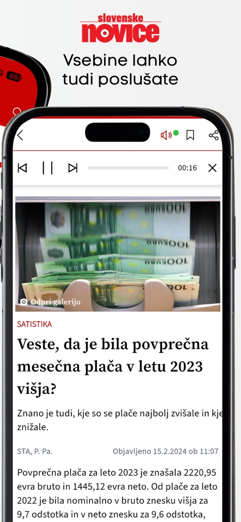 Slovenske novice - Interfaccia dell'app Slovenske novice che mostra un articolo con un lettore audio integrato per la sintesi vocale.