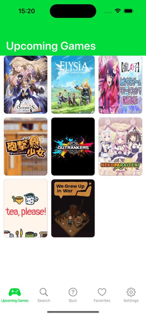 Screenshot of the HappyMood app displaying a grid of upcoming mobile games.