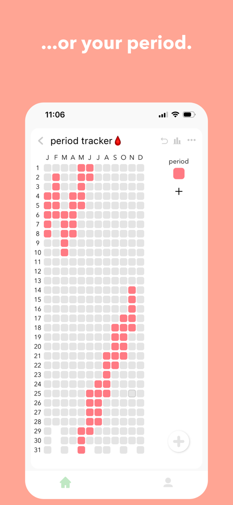 An annual period tracker grid in the Pixa app using pink pixels to log menstrual cycles.