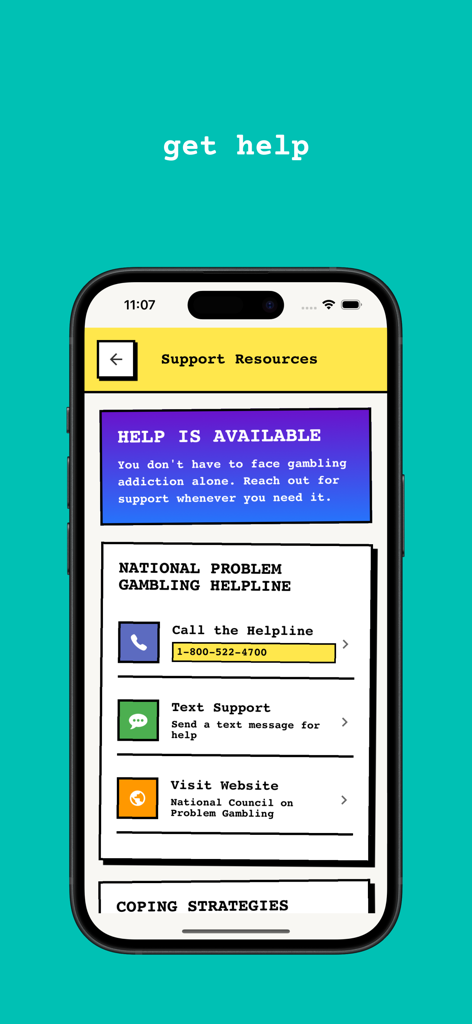 ストップギャンブルアプリのサポートリソース画面のスクリーンショットで、全国のヘルプラインの連絡先詳細が表示されています