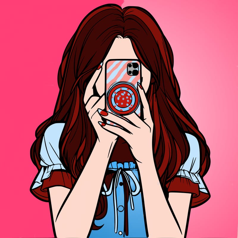 a realistic girl holding her phone taking pictures