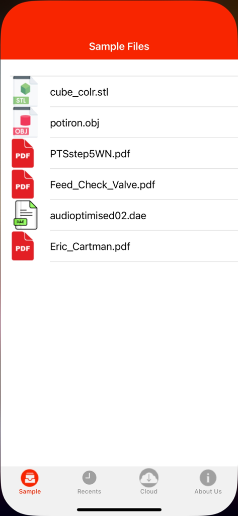 3D-Viewer - Captura de pantalla de la aplicación 3D-Viewer que muestra una lista de archivos de modelos 3D de muestra en varios formatos