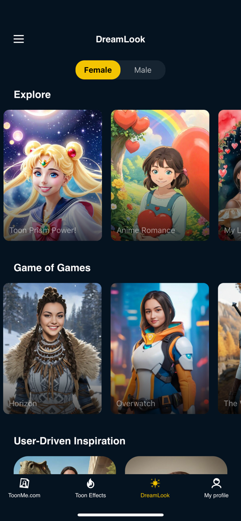 Interfaz de la aplicación ToonMe que muestra varios estilos de retratos de personajes de anime y videojuegos generados por IA en la sección DreamLook.