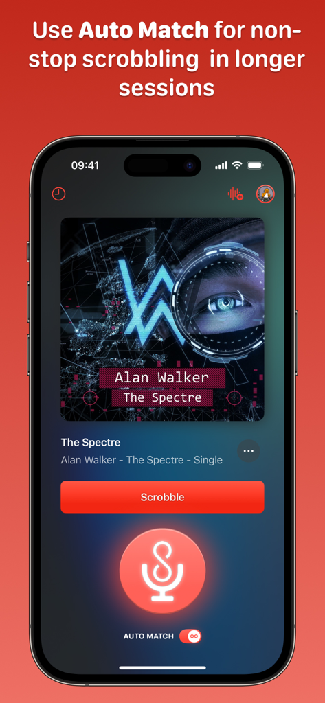 Interfaz de la app AirScrobble que muestra la función Auto Match para el registro continuo de música en Last.fm.