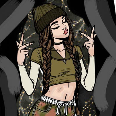 realistic teenage girl with braids and a beanie and crop top doing 🫶🏼