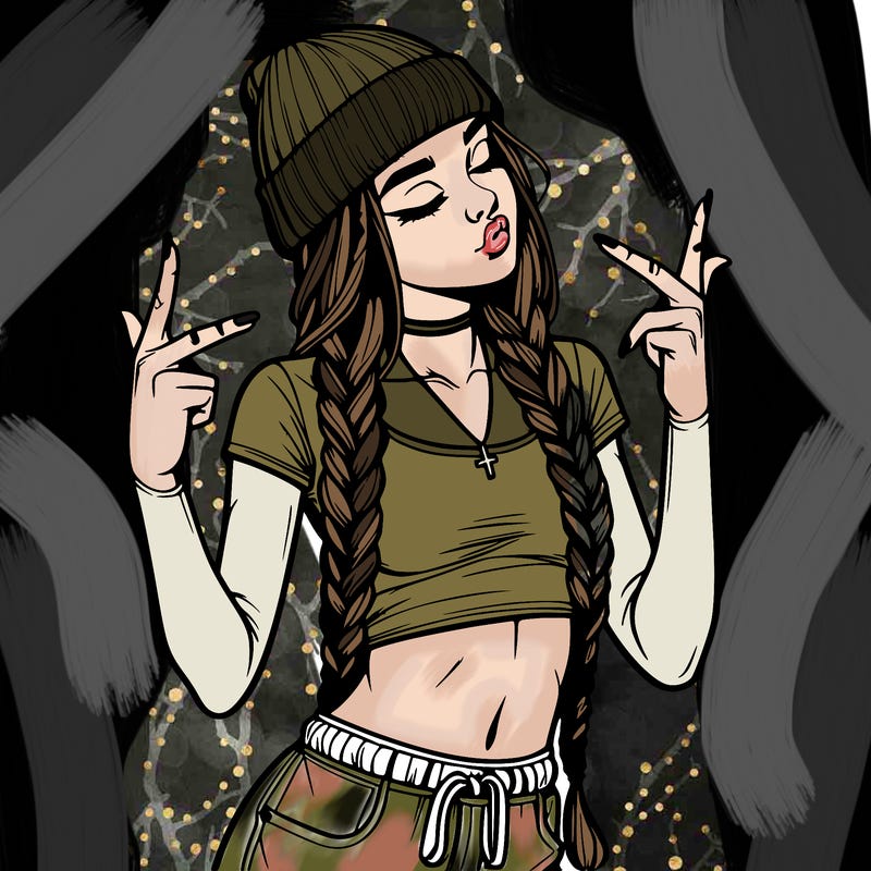 realistic teenage girl with braids and a beanie and crop top doing 🫶🏼