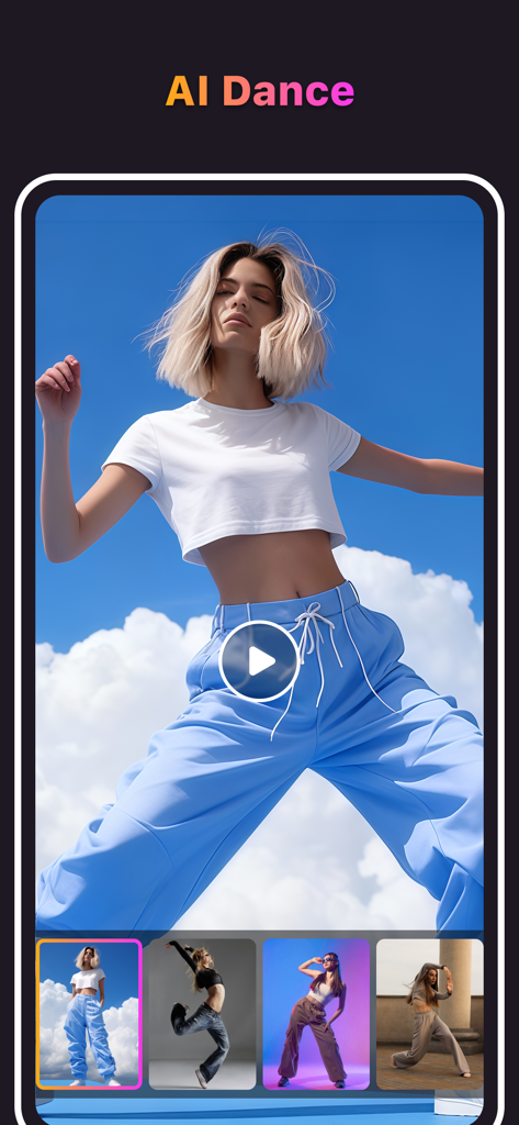 Interfaz de la aplicación AI Danza que muestra la función AI Dance para animar fotos en videos virales