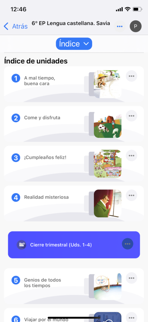 List of educational units for a sixth grade Spanish language course in the SM Aprendizaje app