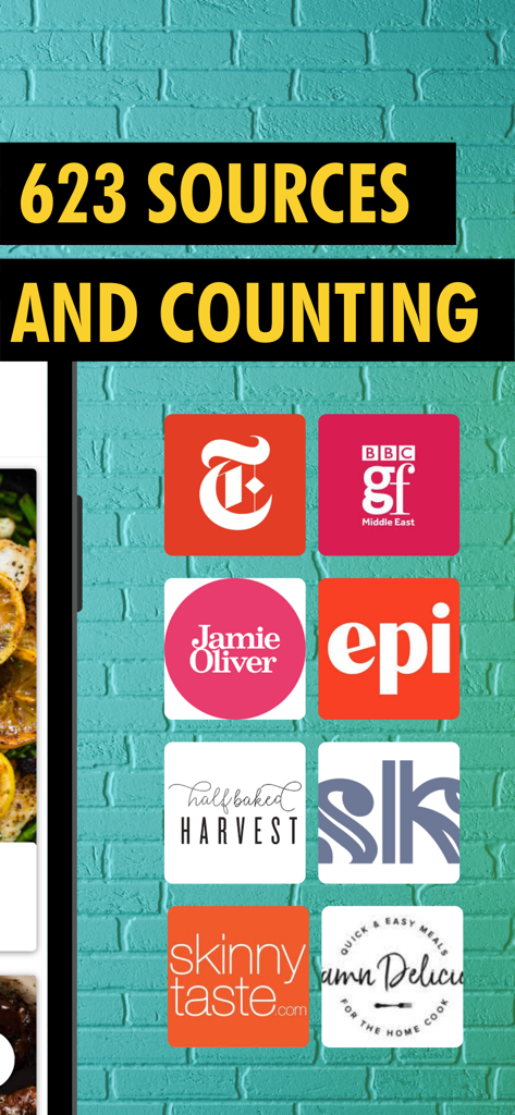 Half Lemons: Recipe Generator - Screenshot of Half Lemons app displaying over 623 recipe sources including NYT Cooking and Jamie Oliver