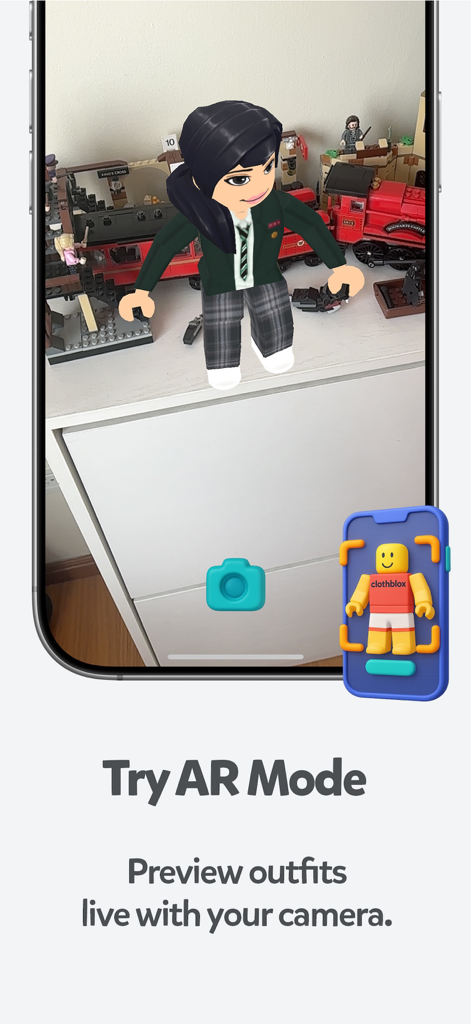 Un avatar de Roblox en 3D proyectado en un entorno del mundo real usando el modo RA de la aplicación ClothBlox.