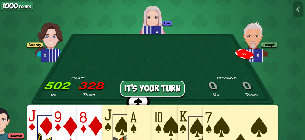 Interface numérique du jeu de cartes Belote-Rebelote pour quatre joueurs avec indication de votre tour.