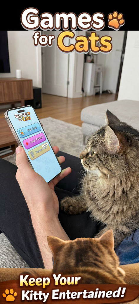 Cat Games for Cats: Meow - A cat looking at a smartphone screen displaying the Games for Cats app menu held by a person