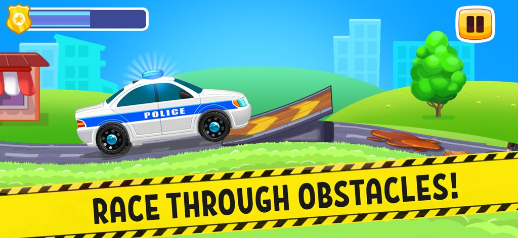 Police Racing! Cars Race Games - A cartoon police car driving up a wooden ramp in a suburban setting with the text Race Through Obstacles