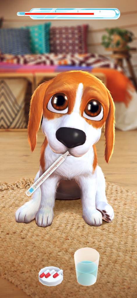 A virtual beagle puppy with a thermometer and medicine