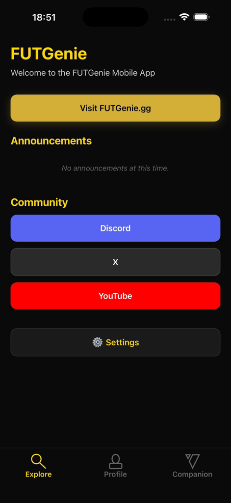 FUTGenie - The home screen of the FUTGenie mobile app showing community links for Discord, X, and YouTube with a bottom navigation bar.