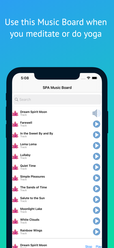 A smartphone screen showing the track list of the Spa Music Board app for yoga and meditation.
